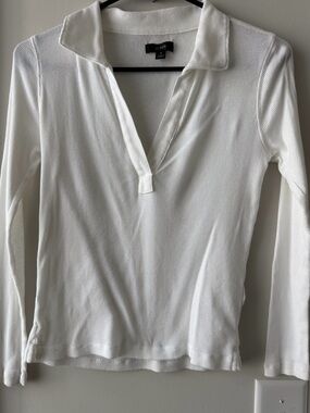 J. Crew White Long-Sleeve Polo V-Neck Shirt